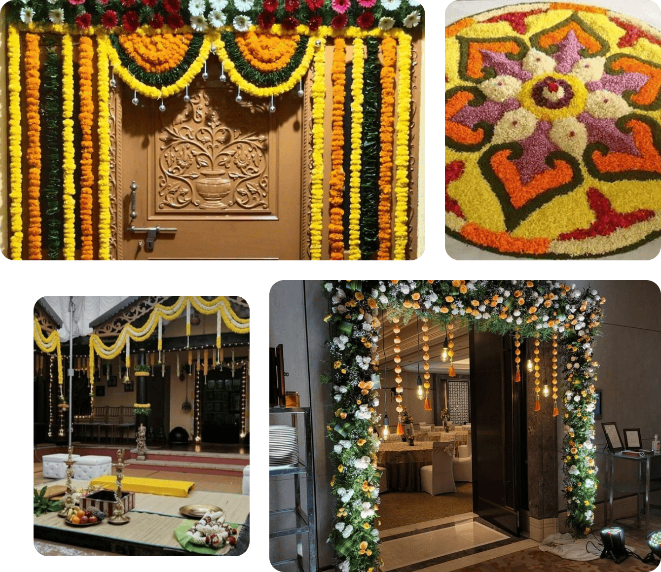 House adorned with colorful floral and fabric decorations for a festive celebration.