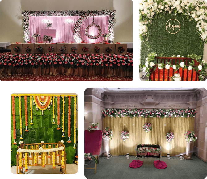 Beautifully arranged floral decor for a name ceremony, featuring vibrant colors and fabrics.