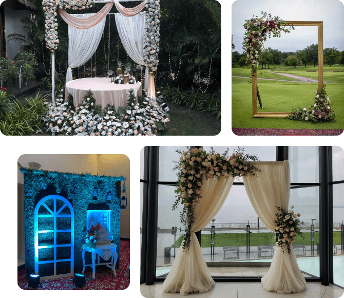 Elegant photo booth decorated with flowers and colorful balloons for an event celebration.