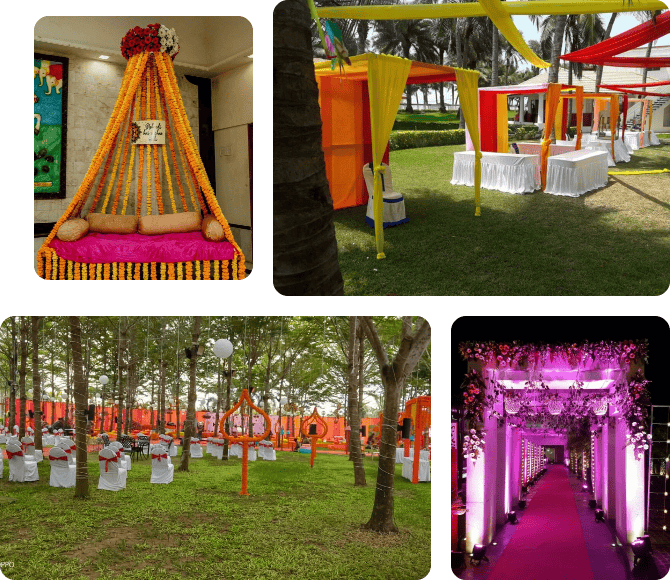 Elegant sangeet and mehndi decoration with vibrant colors, floral accents, and intricate designs.