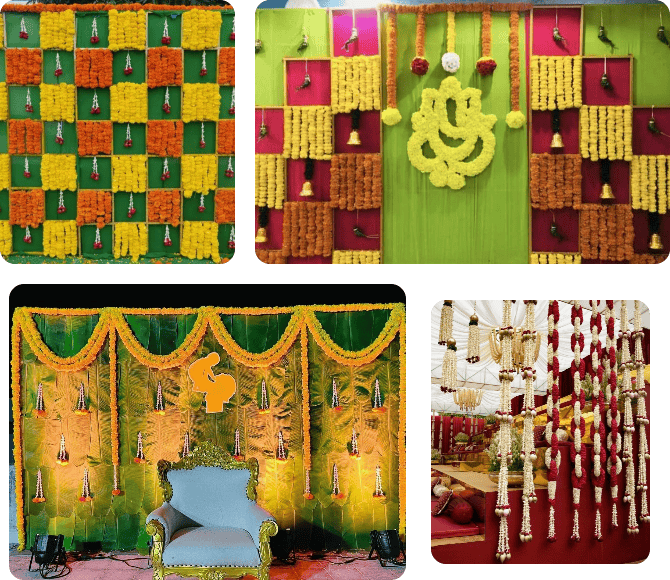 Vazhaigappu and Seemandham decor featuring colorful flowers and ceremonial accents.